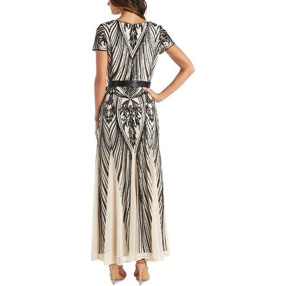 R&M Richards Womens Black Sequined Belted Evening Dress Gown NWT - Picture 2 of 2